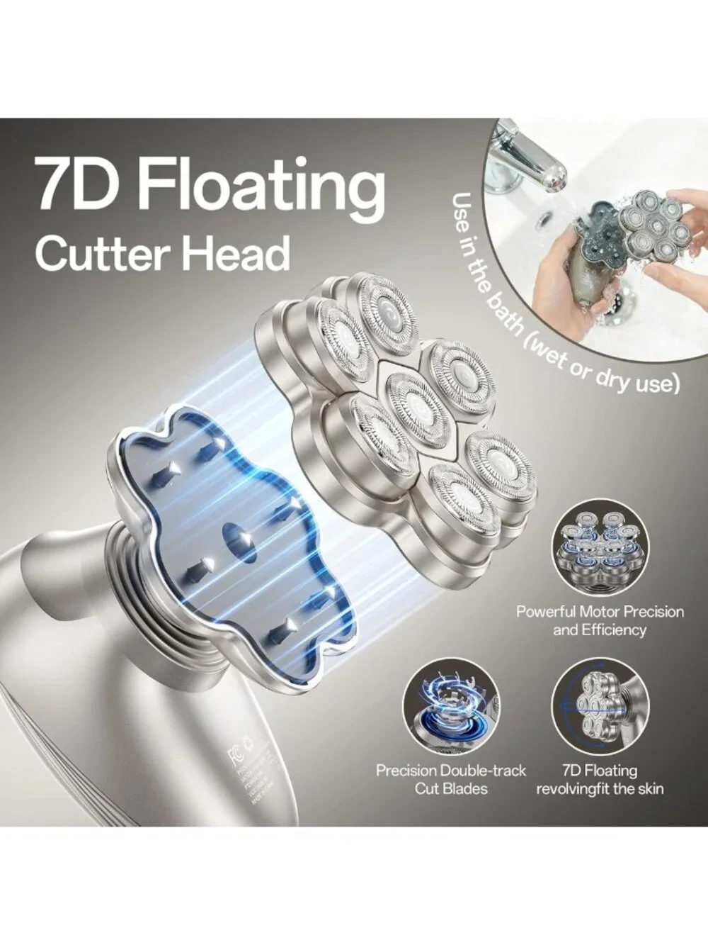 7D Waterproof Electric Head Shaver for Men - 5-in-1 Grooming Kit, Bald Care